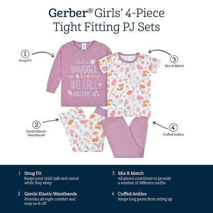 Gerber Baby Girls' Toddler Snug Fit 4-Piece Pajama Set