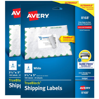 Avery Etiquetas de envío TrueBlock imprimibles, 3.5 x 5 pulgadas, alimentación segura, blanco, paquete de 2, 200 etiquetas en total (5640)