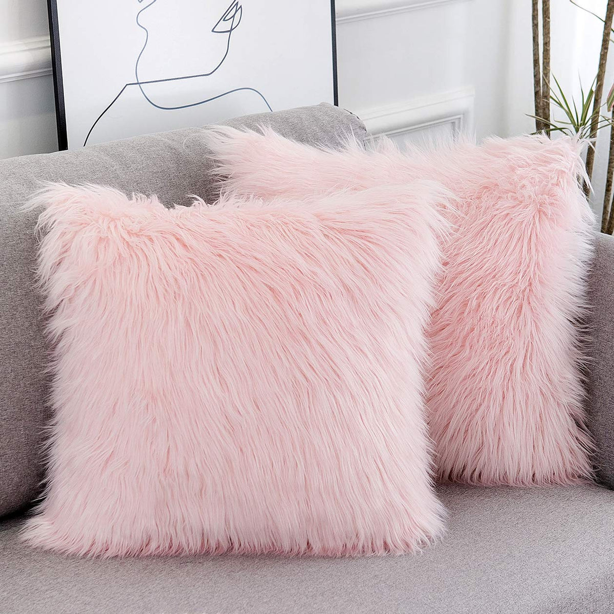 WLNUI Juego de 2 Fundas de Almohada esponjosas de Color Rosa, Serie de Lujo, Estilo Merino, Fundas de Almohada Decorativas de Piel sintética, Fundas de cojín cuadradas y peludas, 18 x 18 Pulgadas