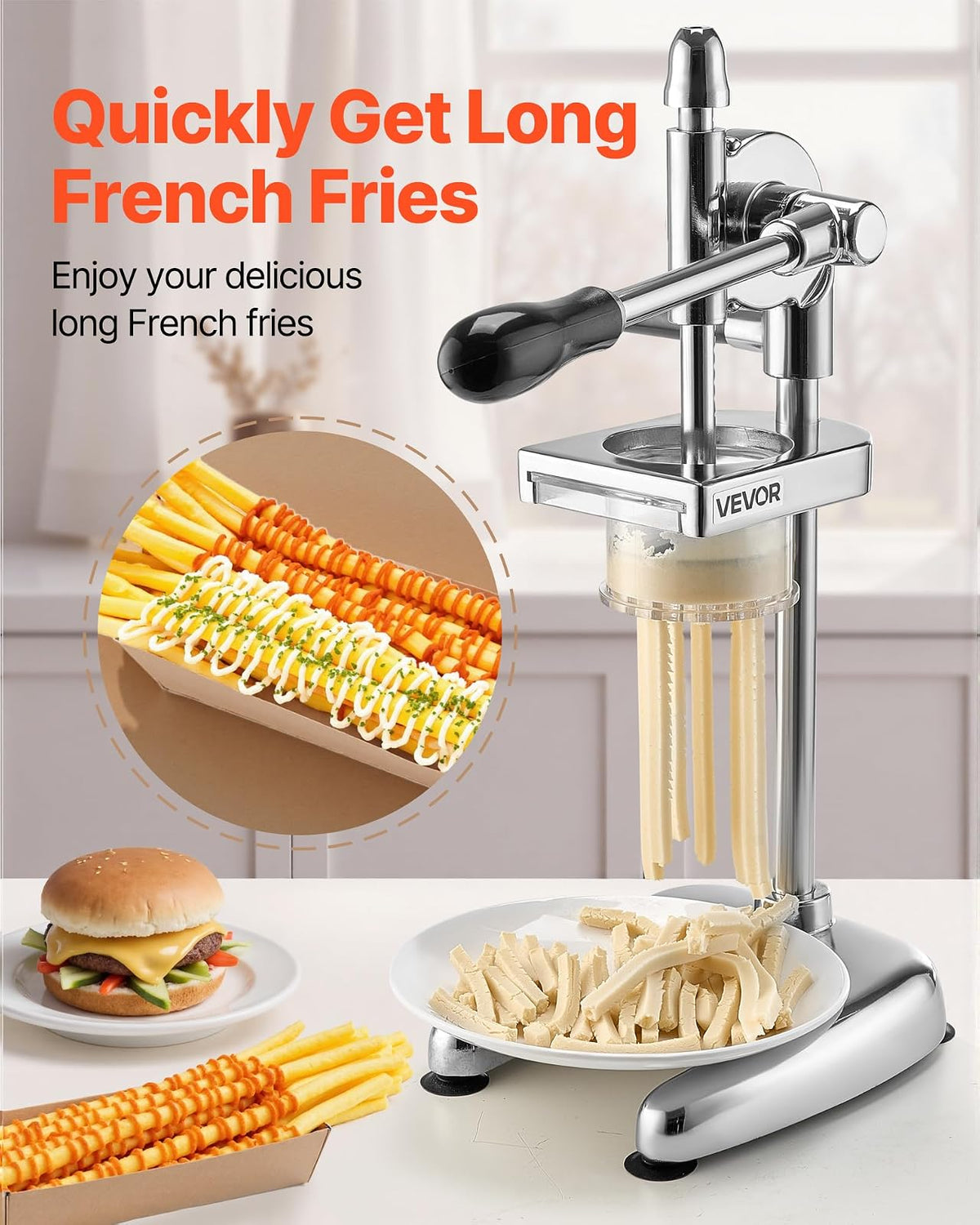 VEVOR Exprimidor Manual de Papas Fritas Largas, Extrusor de Puré de Papa de Acero Inoxidable, Mango Ergonómico, Estable, Exprimidor de Tiras de Patatas Fritas para Restaurantes, Cocinas Domésticas
