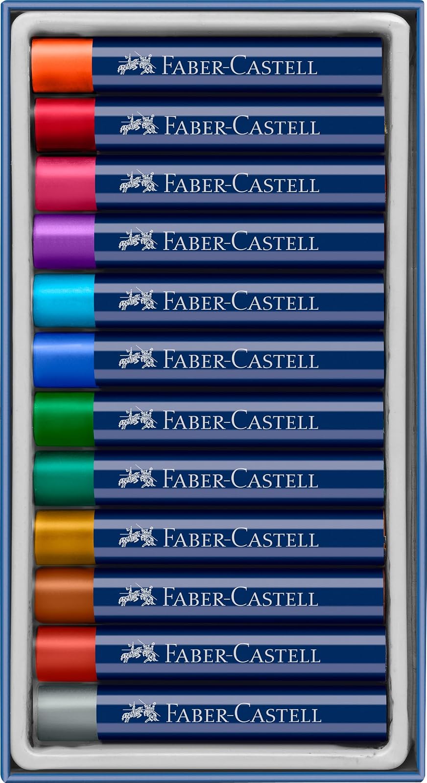 Faber-Castell Tizas Oil Pastels Metálicos con 12 tizas de diferentes colores, este set incluye 12 tizas pasteles al óleo con acabados metálico, cuenta con un empaque compacto que protege cada tiza