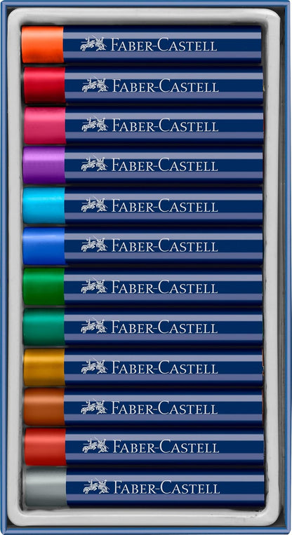 Faber-Castell Tizas Oil Pastels Metálicos con 12 tizas de diferentes colores, este set incluye 12 tizas pasteles al óleo con acabados metálico, cuenta con un empaque compacto que protege cada tiza