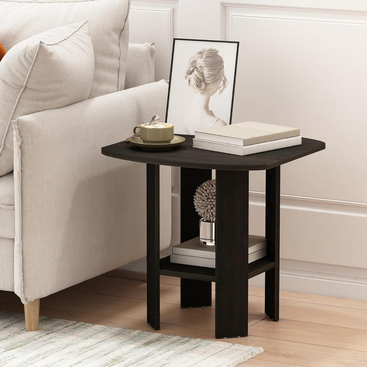 Furinno Mesa Auxiliar de Diseño Simple de 2 Niveles con Bordes Suaves, Espresso, Set de 2