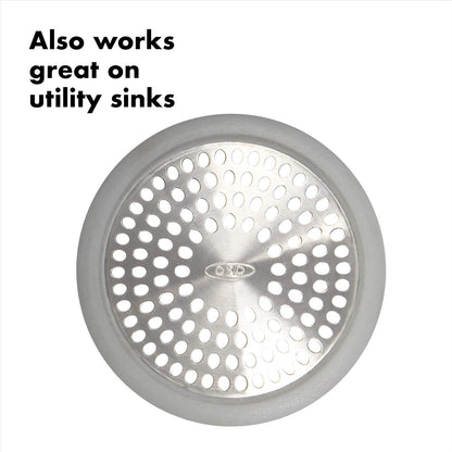 OXO Good Grips Protector de Drenaje para Tina | Acero inoxidable a prueba de óxido, borde de silicona antideslizante, se adapta a desagües de ducha estándar