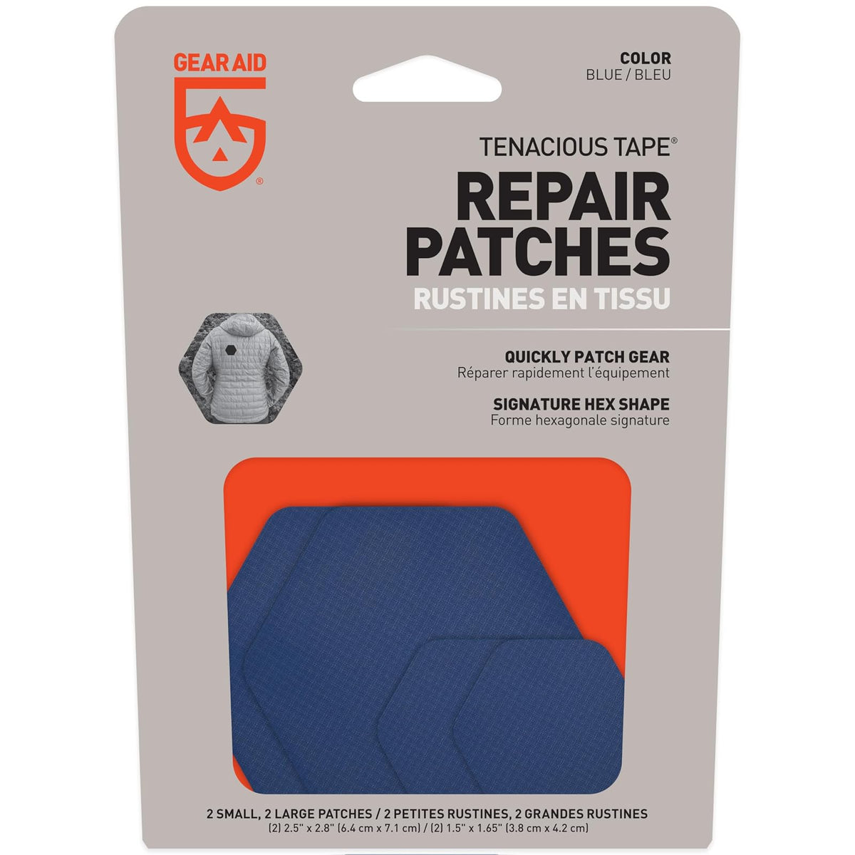 GEAR AID - Cinta Hexagonal Tenacious de 2.5 Pulgadas y 1.5 Pulgadas, Parches de reparación de Tela para Exteriores microRipstop Que se Pela y Pega para Fijar Agujeros y Quemaduras en Chaquetas de