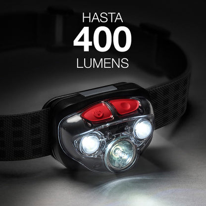 Energizer - Linterna de Cabeza LED Industrial 400 Lúmenes, Alcance de 85 m | Resistencia al agua IPX4, 5 modos de iluminación e incluye 3 pilas AAA.