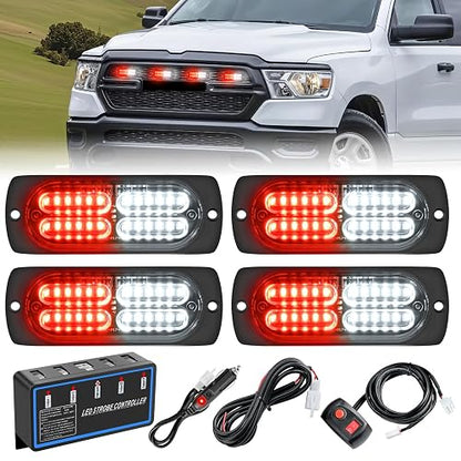 Nilight - 4 luces LED estroboscópicas de 12 V, 24 V, función de sincronización, color rojo, blanco, 24 LED, luces de advertencia de peligro de emergencia con driver de cable duro o enchufe de