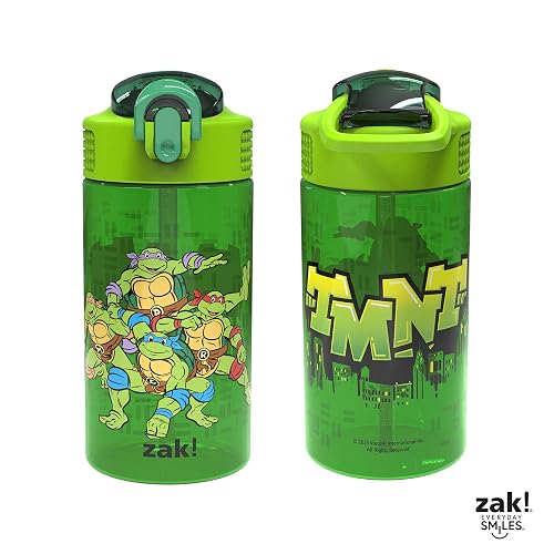 Zak Designs - Botella de agua para niños con tortugas ninja mutantes adolescentes para la escuela o los viajes, 16 onzas, 2 unidades (paquete de 1) botella de agua de plástico duradera con popote,