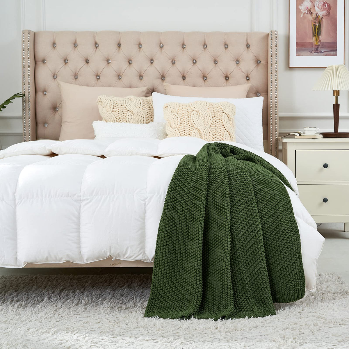 Longhui bedding - Cobija de punto trenzado grueso, ligera, 100 % algodón orgánico, para sofá, cama y guardería, estilo rústico, elegante y moderno, verde oliva, 129.54 x 160.02 cm, bolsa de lavado