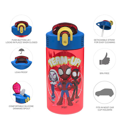 Zak Designs Marvel Spider-Man - Botella de agua para niños con tapa de boquilla y bucle de transporte, plástico duradero, diseño a prueba de fugas para viajes (16 onzas, paquete de 2, Spidey y sus