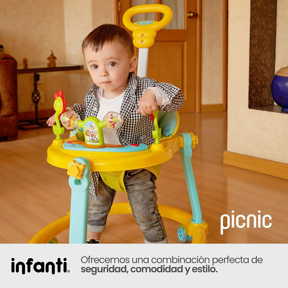Infanti - Andadera para Bebe 3 en 1 Picnic - Juguetes para Bebe - Andador para Bebe - Con Paseador y Juguetero Musical - Cosas para Bebes - Barra de empuje. (Azul)