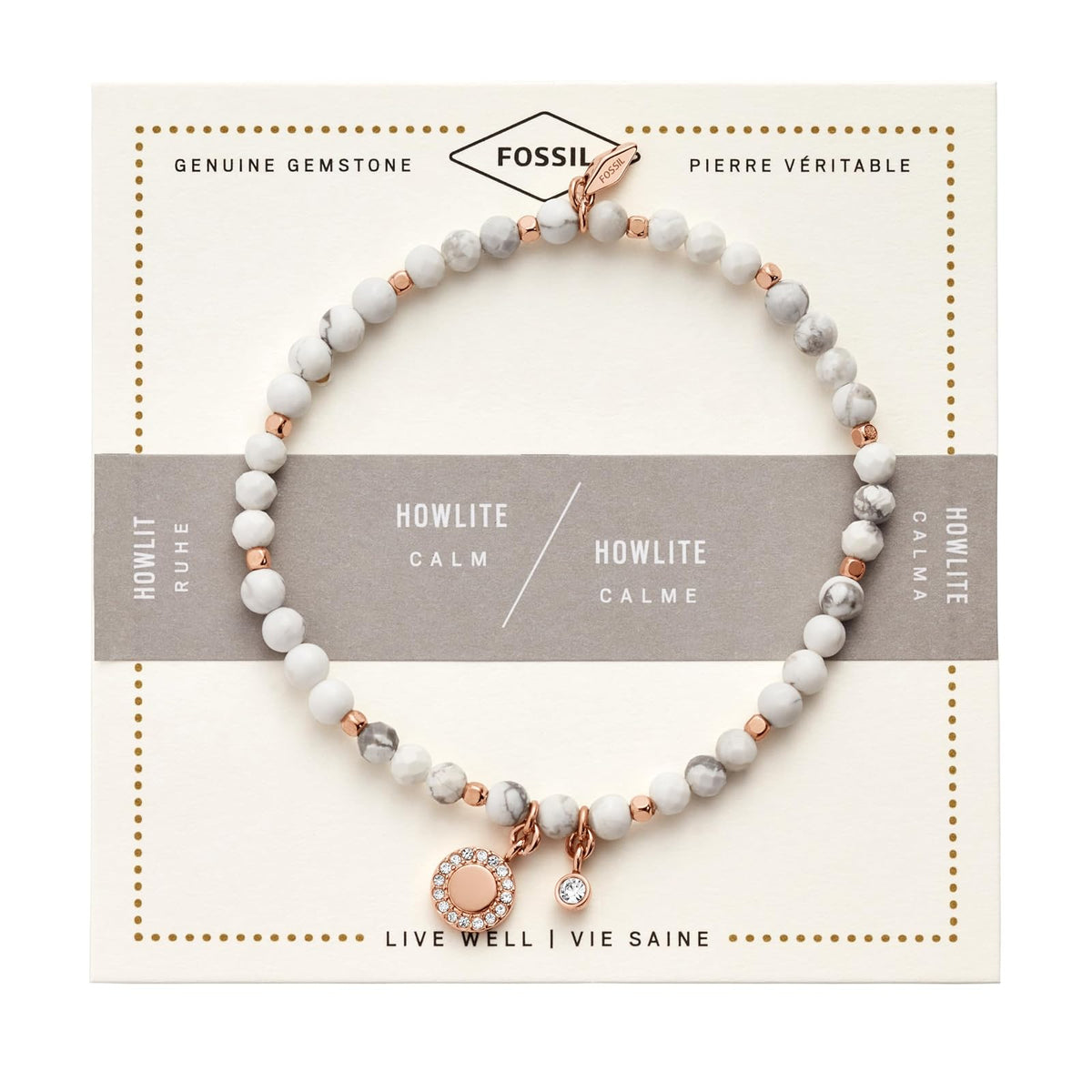 Fossil - Pulsera de acero inoxidable con abalorio para mujer en tono oro rosa