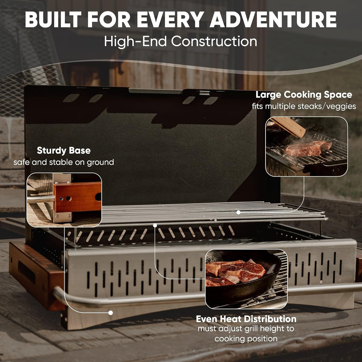GasOne XL - Parrilla portátil de carbón – portafolios plegable de 24.5 x 18.5 pulgadas con tapa, ligero y compacto ahumador de carbón para camping, jardín, playa, patio trasero, sin montaje