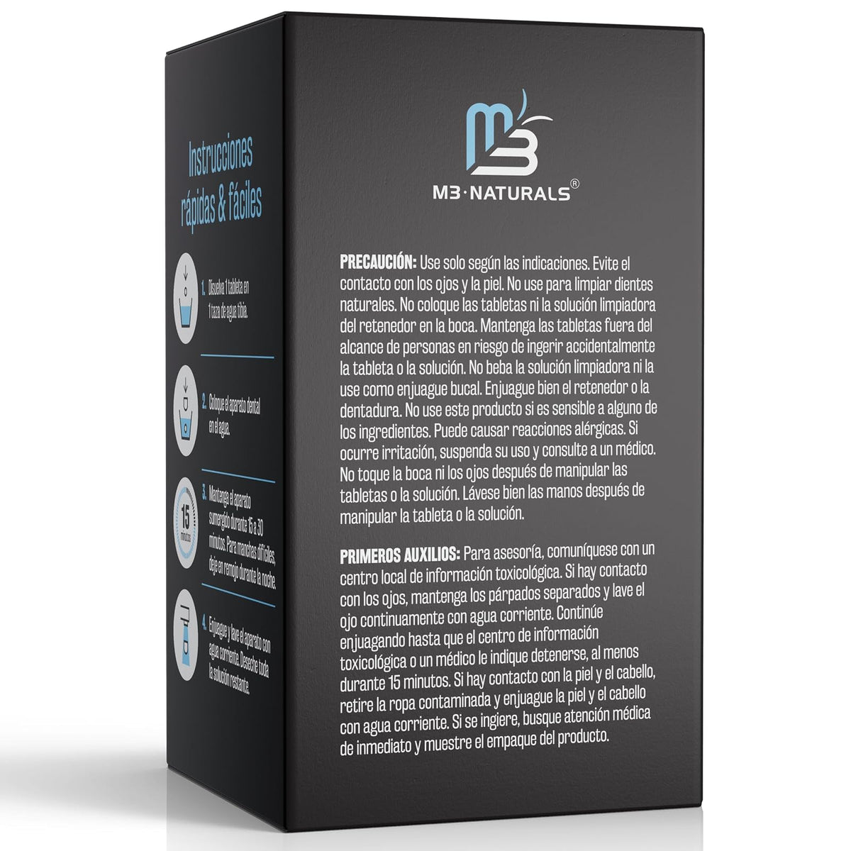 M3 Naturals Tabletas Limpiadoras de Retenedores Dentales, 120 Tabletas | Limpia retenedores, alineadores y prótesis; elimina olores, manchas y placa; efervescentes sabor menta con estuche