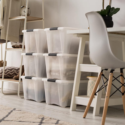 IRIS USA 6 Contenedores de 32 Qt con Tapa, Perla | Oculta el contenido para una apariencia limpia. Ideal para ropa de cama, decoración y clóset. Diseño anidable.