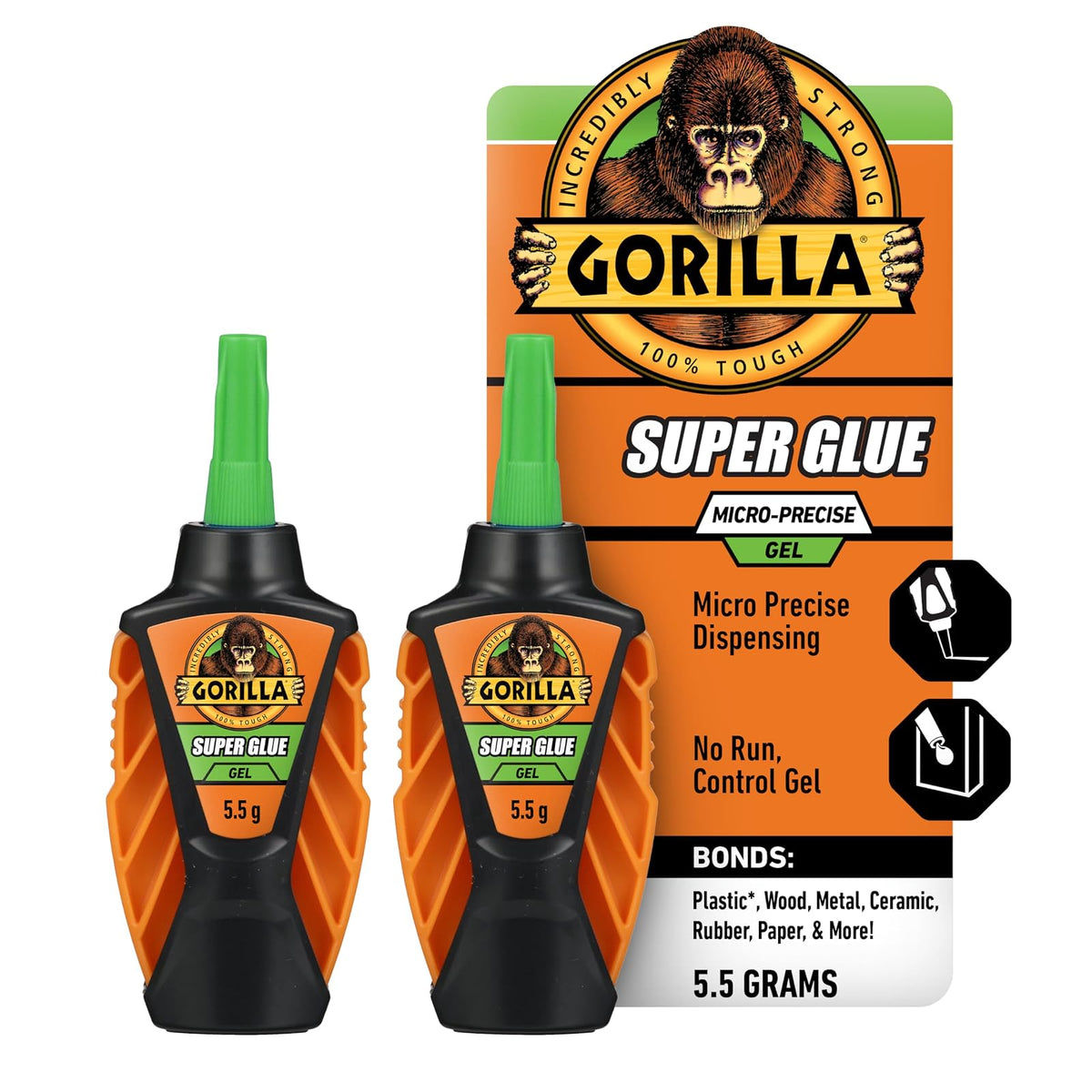Gorilla Micro Precise Super Glue Gel, 5.5 gramos, transparente, (paquete de 2)