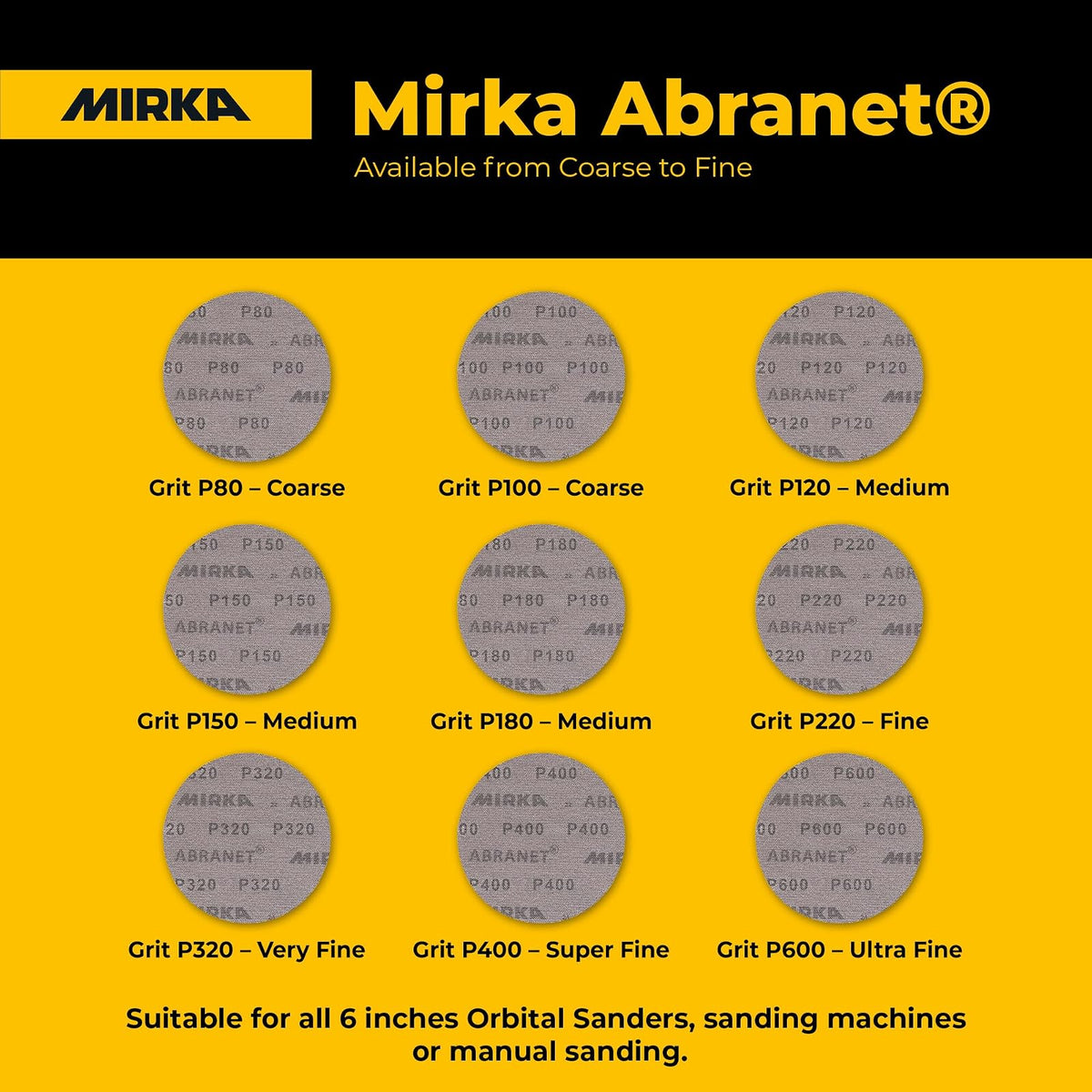 Mirka 9A-241-100 Discos de lijado de malla abrasiva de grano 100 de 6 pulgadas, caja de 50 discos