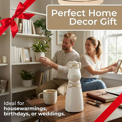 Sagebrook Home Figura de cerámica para Cachorros de 7 Pulgadas con anteojos y Pajarita, Escultura contemporánea de Perro Blanco y Dorado para decoración de Mesa del hogar u Oficina