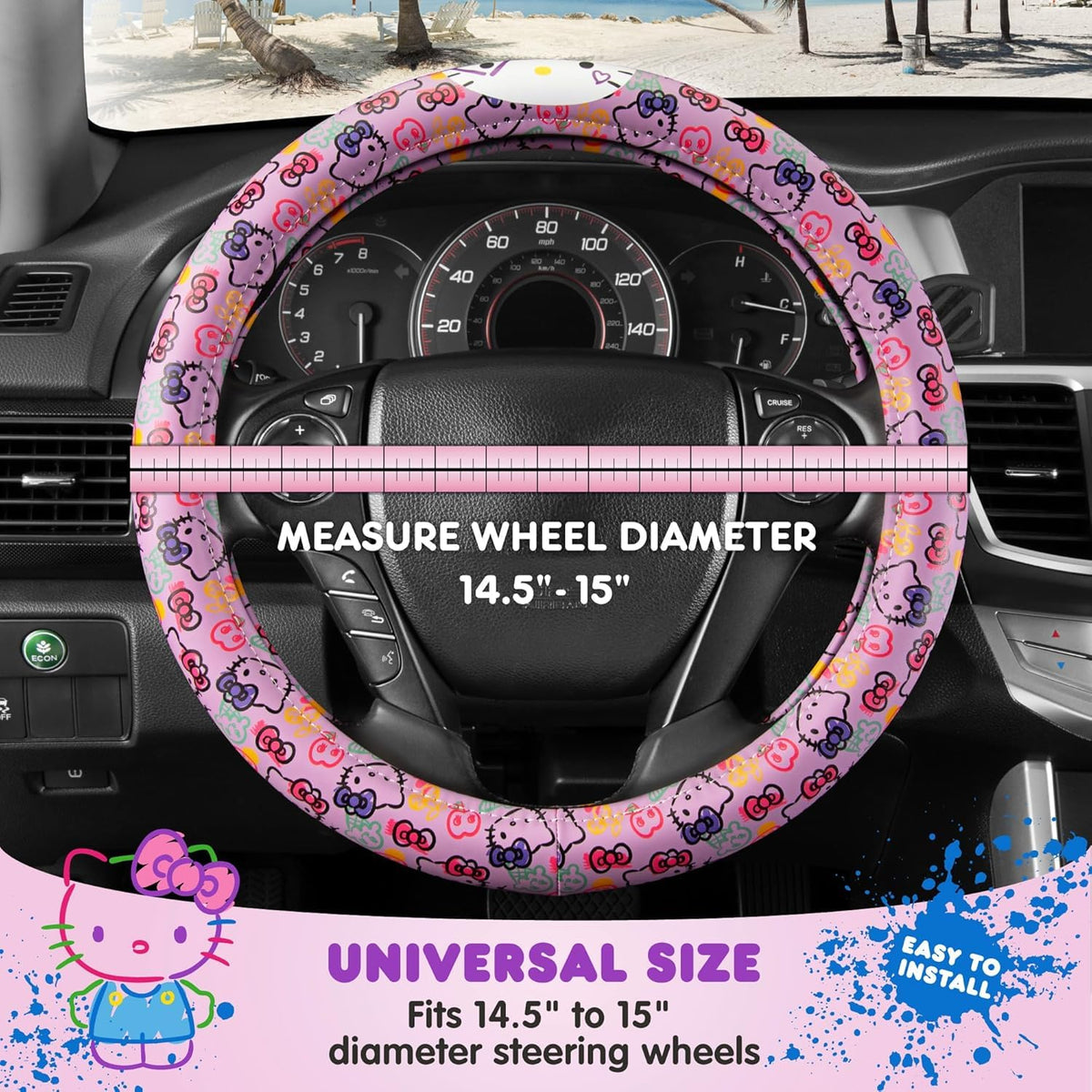 Carbella Hello Kitty - Funda Oficial para Volante de Automóvil Sanrio con tamaño Universal 14.5-15.5, Bonita Funda para Volante para Mujer, Accesorios de Automóvil Hello Kitty (impresión de Lavanda)