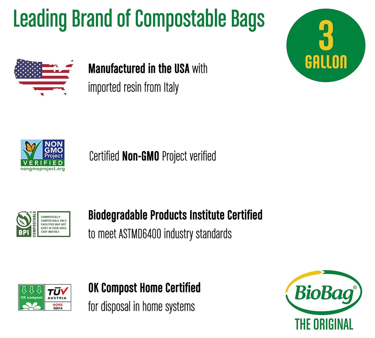 BioBag, The Original Compostable Bag, Kitchen Food Scrap Bags, ASTMD6400 Certified 100% Compostable Bags, Biodegradable Products Institute & VINCOTTE OK HOME Certified, Non GMO, 3 Gallon, 300 Count