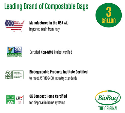 BioBag, The Original Compostable Bag, Kitchen Food Scrap Bags, ASTMD6400 Certified 100% Compostable Bags, Biodegradable Products Institute & VINCOTTE OK HOME Certified, Non GMO, 3 Gallon, 300 Count