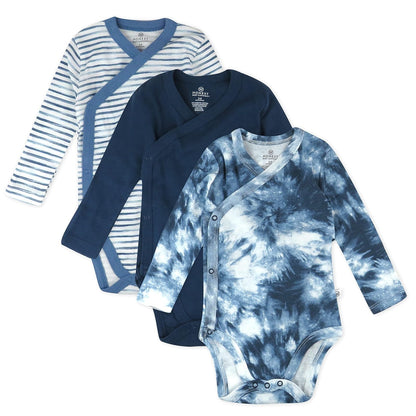 HonestBaby Paquete de 3 Enterizos de Manga Larga con Cierre Lateral, Algodón Orgánico - azul (Tie Dye Blues) - 3-6 Meses