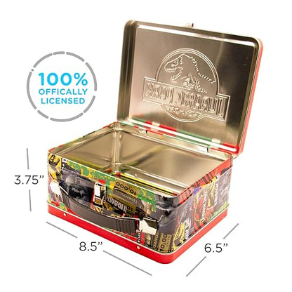 AQUARIUS Jurassic Park Fun Box - Caja de almacenamiento de lata resistente con mango de plástico y cubierta frontal en relieve, con licencia oficial de Jurassic Park y regalo coleccionable (48289)