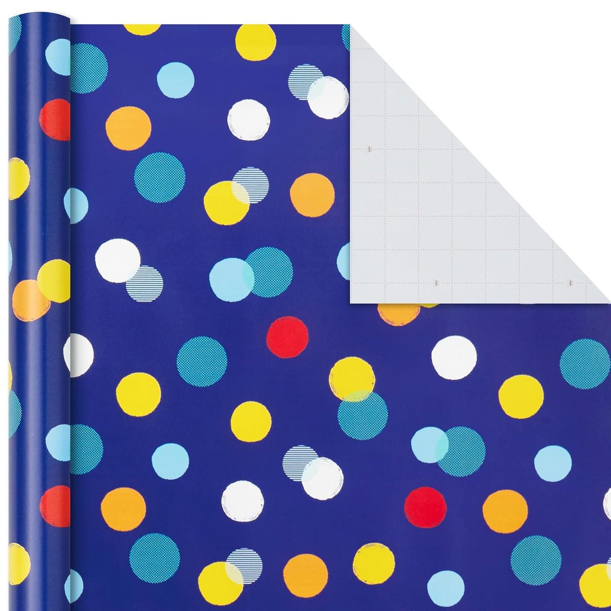 Hallmark - Paquete de papel de regalo de cumpleaños con líneas cortadas en el reverso (paquete de 3: 55 m2) pies ttl.) Estampados y patrones y holográficos en rojo, azul, amarillo, blanco y