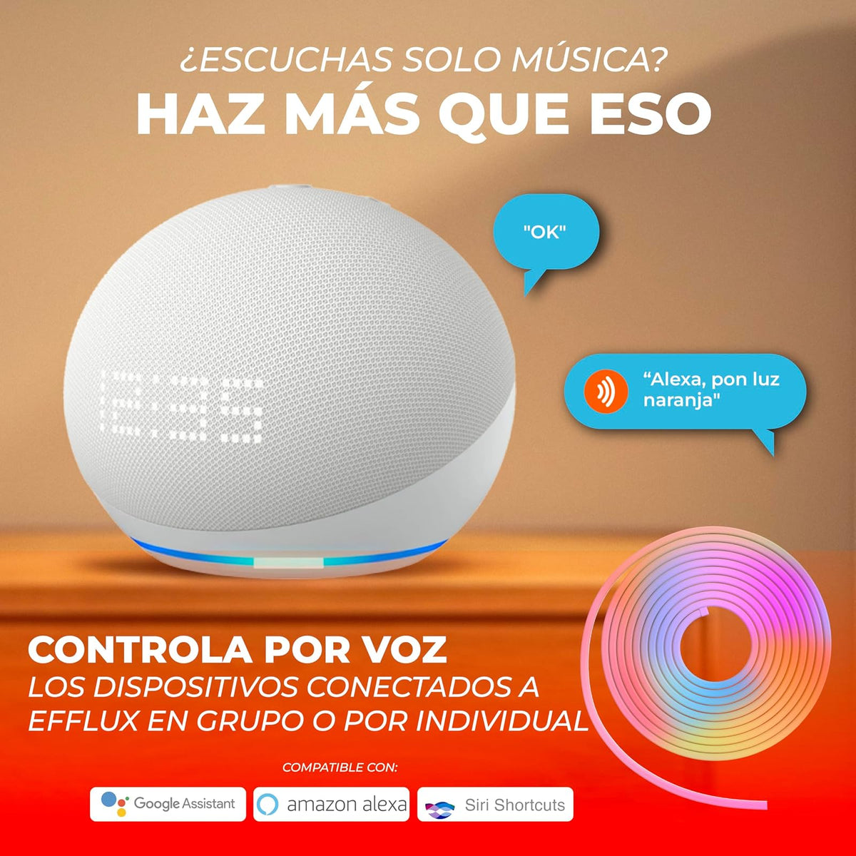 Tecnolite Connect - Tira LED Neón Inteligente WiFi 5 metros, 60 W Luz RGB + Blanca, IP65, Compatible con App móvil y Alexa. Google, Siri, Lámpara Interior