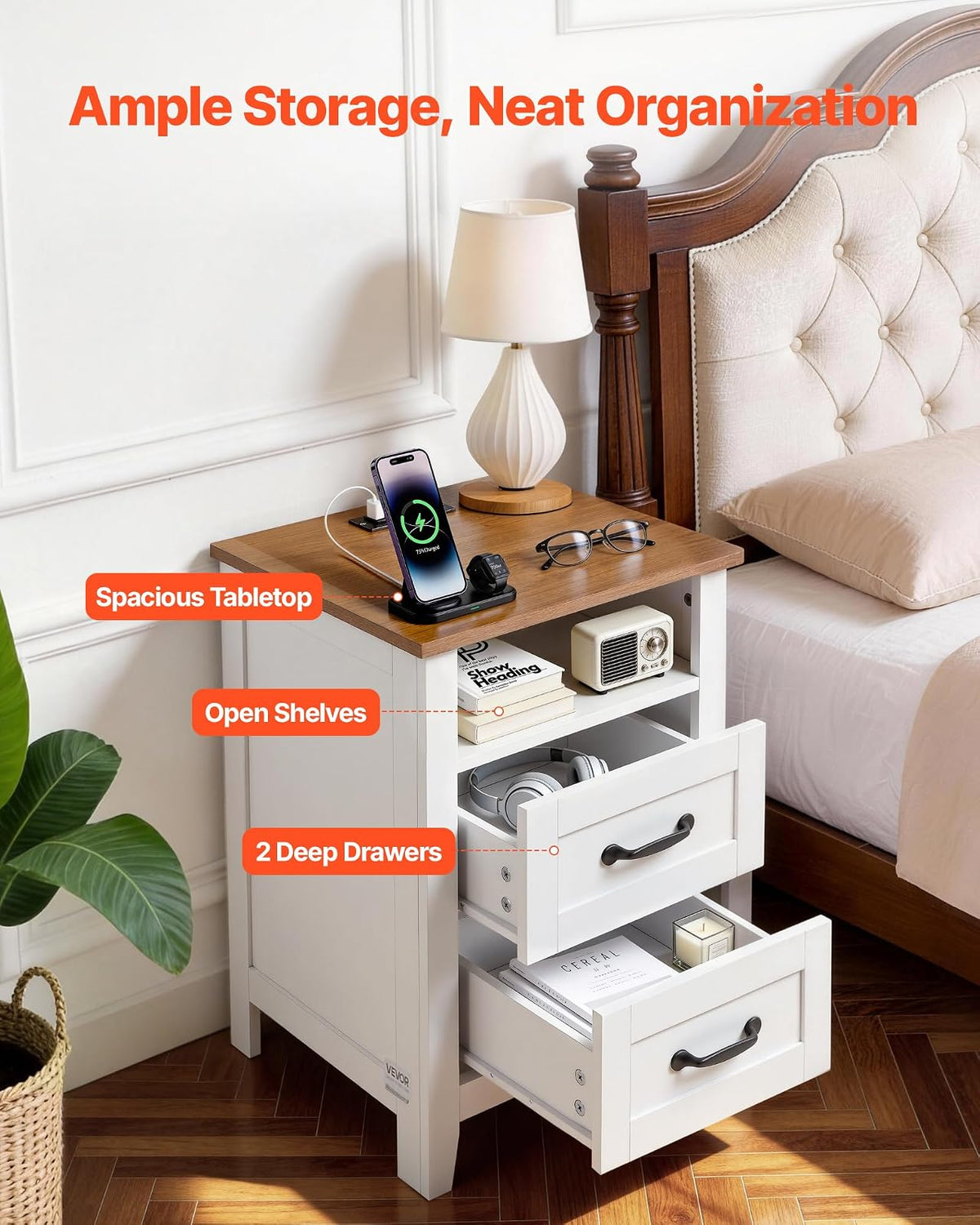 VEVOR Mesita de noche rústica con estación de carga, mesa auxiliar con 2 cajones y estante abierto, mueble de almacenamiento, mesa auxiliar rústica con puerto USB y tomas de CA, para dormitorio y sala