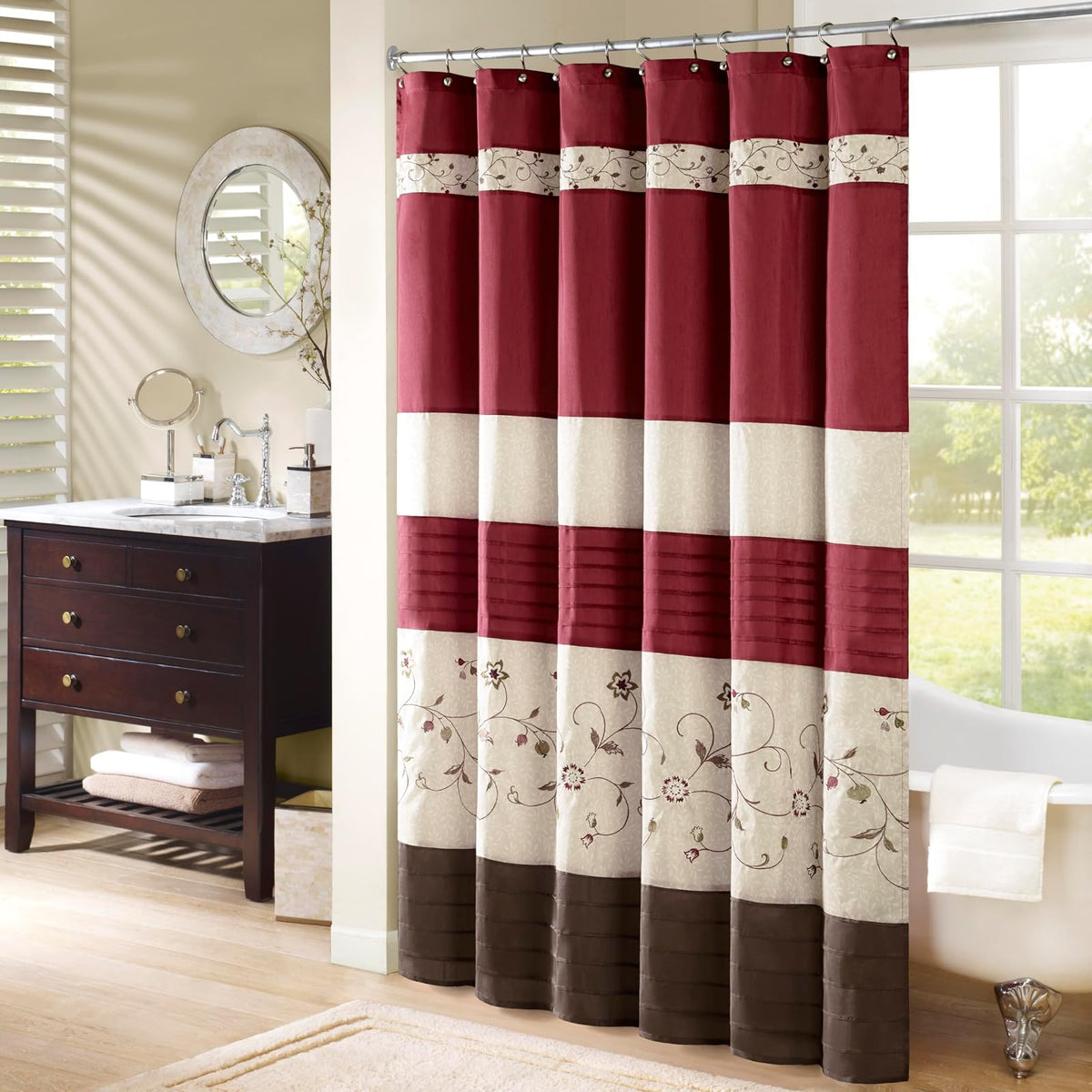 Madison Park MP70-644 Shower Curtain, Ivory | Añade privacidad, lavable a máquina, patrón floral, certificado OEKO-TEX - 182.9An x 182.9Al cm (1 Paneles) - Rojo