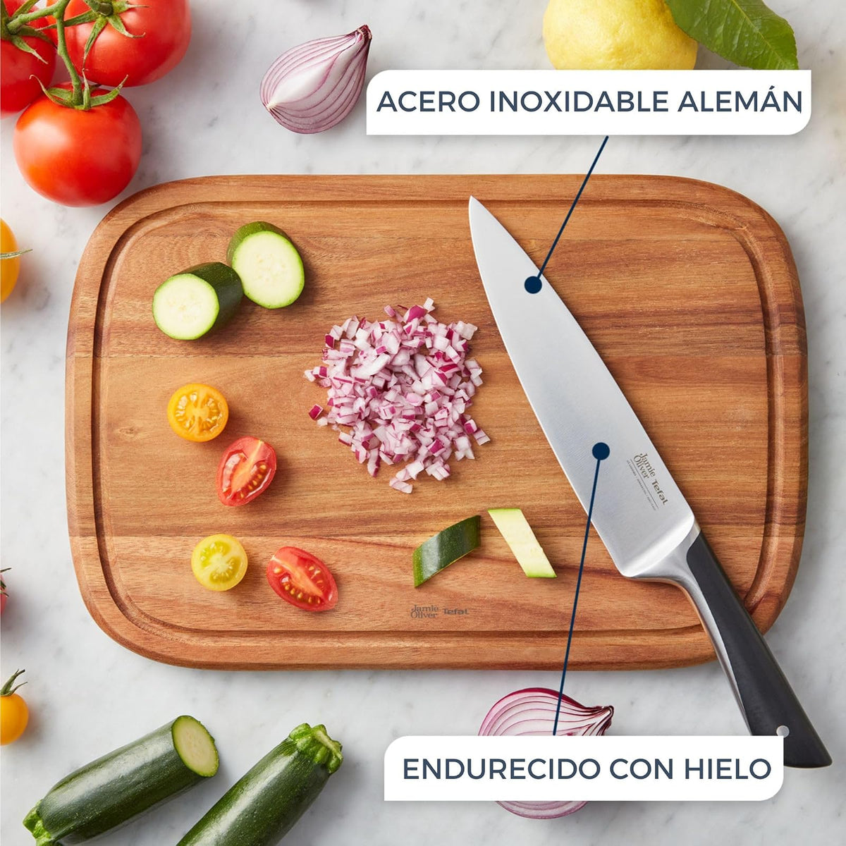 T-fal Juego de Cuchillos de Cocina 5 Piezas + Bloque de Madera de Acacia, Marrón y Negro, para Cocina y Casa | K267S556