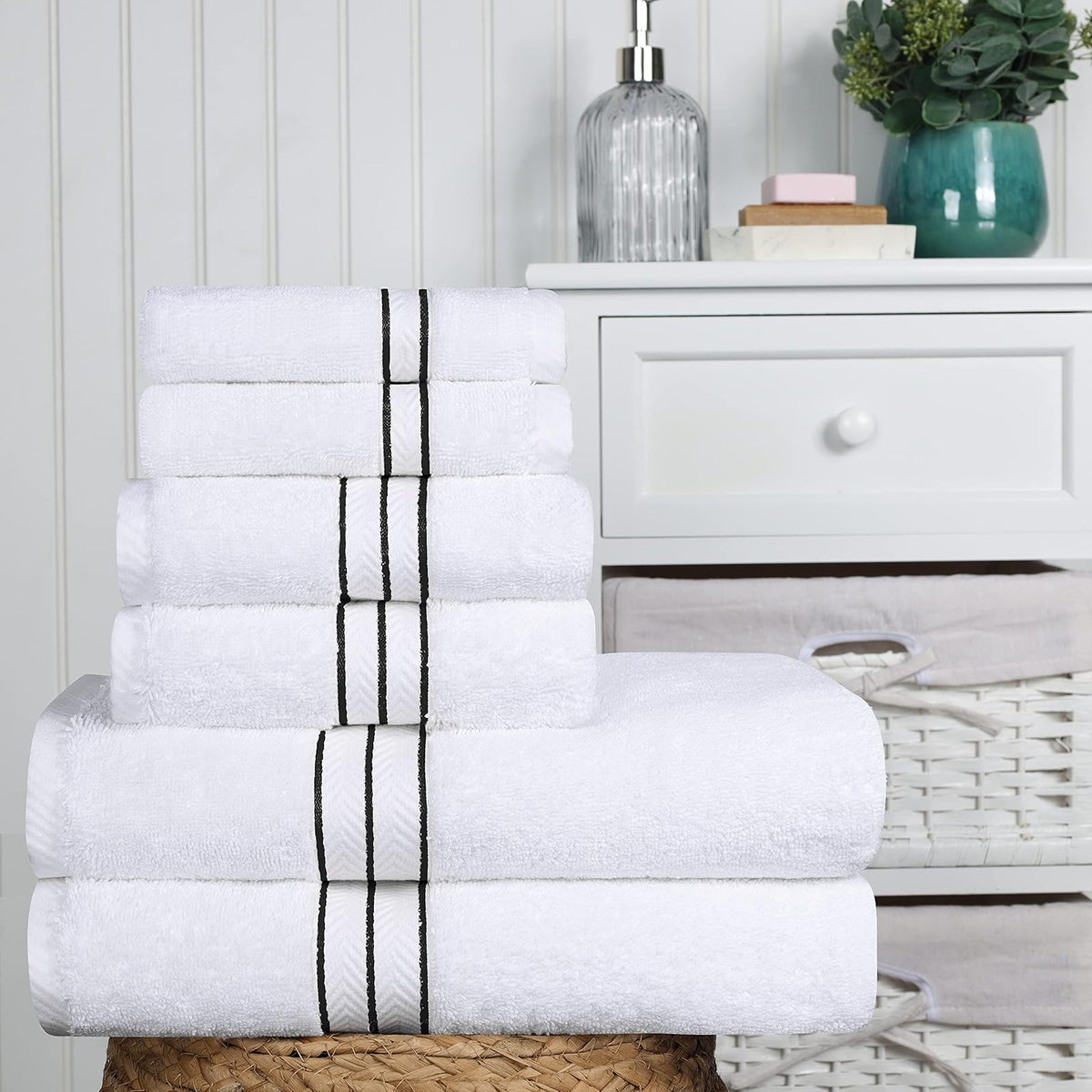 Superior, Hotel Collection 900 gram, Superior, 100% Premium Long-Staple Combed Cotton, 6 Piece Towel Set, White with Black Border