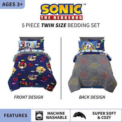 Franco Juego de Ropa de Cama para niños súper Suave con Funda de Almohada, 5 Piezas, tamaño Individual, Sonic The Hedgehog, Anime