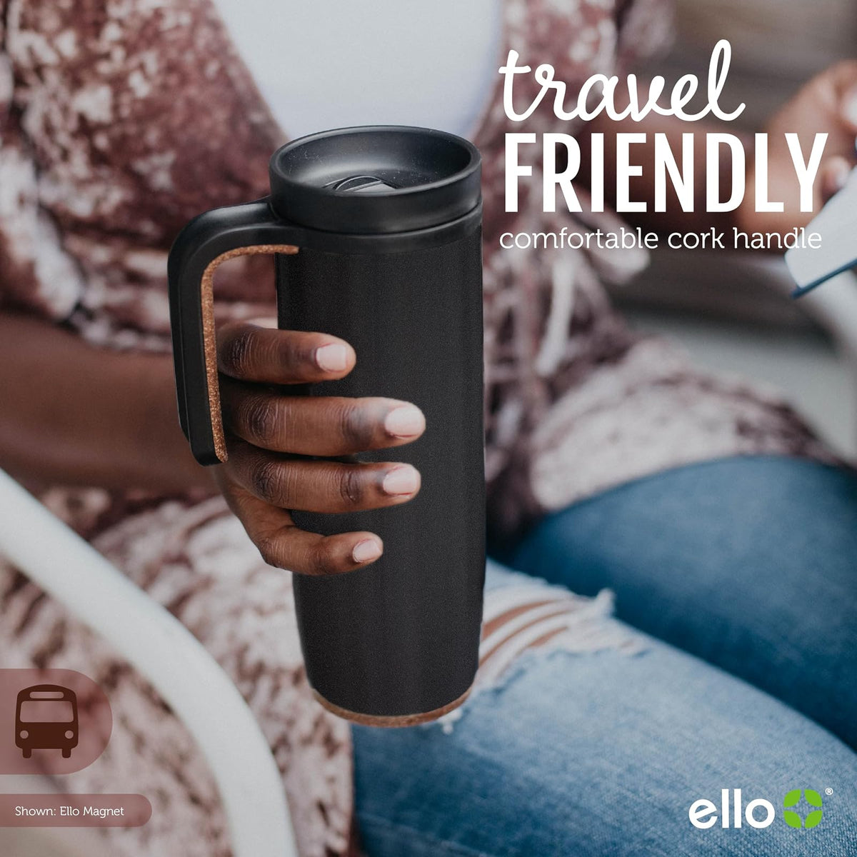 Ello Magnet - Taza de viaje de acero inoxidable aislada al aspiradora de 18 onzas con asa lateral y tapa deslizante a prueba de fugas y posavasos integrados, mantiene el calor durante 5 horas