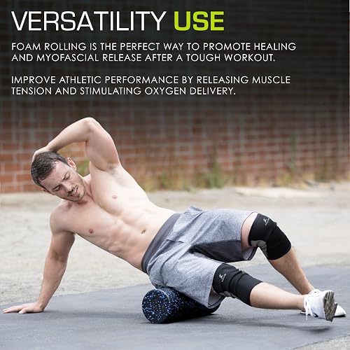 ProsourceFit High Density Foam Rollers 12 - Inches Long, Firm Full Body Athletic Massage Tool for Back Stretching, Yoga, Pilates, Post Workout Muscle Recuperation, Black/Blue