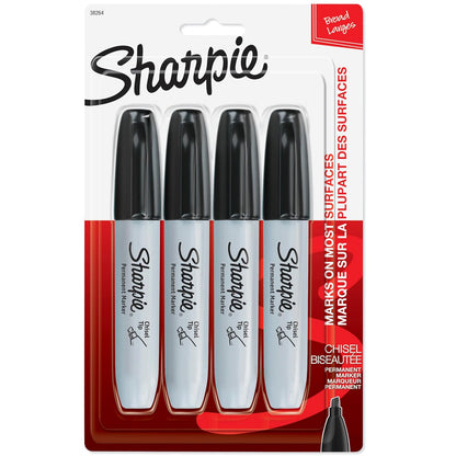 Sharpie Marcadores permanentes, punta de cincel, negro, 4 unidades