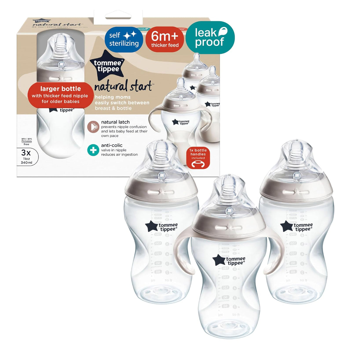 Tommee Tippee Biberones Natural Start, Alimento Espeso, 6m+, 340ml | Paquete de 3, Tetina Tipo Pecho para Agarre Natural, Transparente, Mamila Libre de BPA