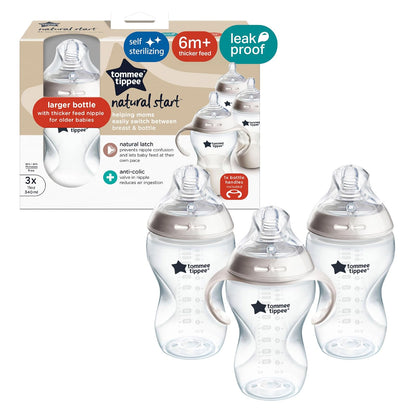 Tommee Tippee Biberones Natural Start, Alimento Espeso, 6m+, 340ml | Paquete de 3, Tetina Tipo Pecho para Agarre Natural, Transparente, Mamila Libre de BPA
