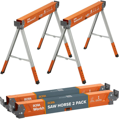 BORA Workhorse XT - Juego de 2 caballos de sierra plegables, resistentes, ajustables, altura ajustable, par de sawhorse con patas ajustables, caballo de sierra resistente para contratistas, banco de