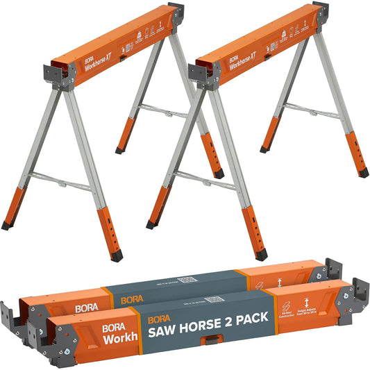 BORA Workhorse XT - Juego de 2 caballos de sierra plegables, resistentes, ajustables, altura ajustable, par de sawhorse con patas ajustables, caballo de sierra resistente para contratistas, banco de