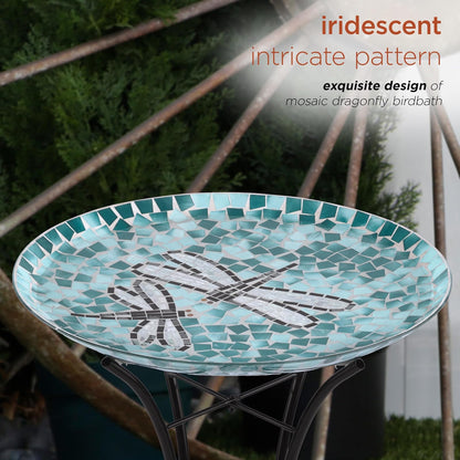 Alpine Corporation 24" Tall Outdoor Mosaic Dragonfly Glass Birdbath Bowl with Metal Stand