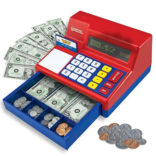 Learning Resources Pretend & Play Caja Registradora con Calculadora - 73 Piezas, Edades 3+ años, Juegos de Imitacion, Caja registradora de Juguete, Juguetes didácticos, Dinero de Juguete
