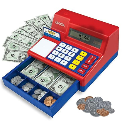 Learning Resources Pretend & Play Caja Registradora con Calculadora - 73 Piezas, Edades 3+ años, Juegos de Imitacion, Caja registradora de Juguete, Juguetes didácticos, Dinero de Juguete