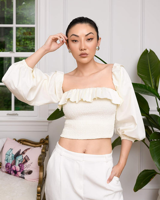 The Drop Top Para Mujer, Blanco Nube, Con Cuello Elástico Fruncido y Tirantes por @jessicawang