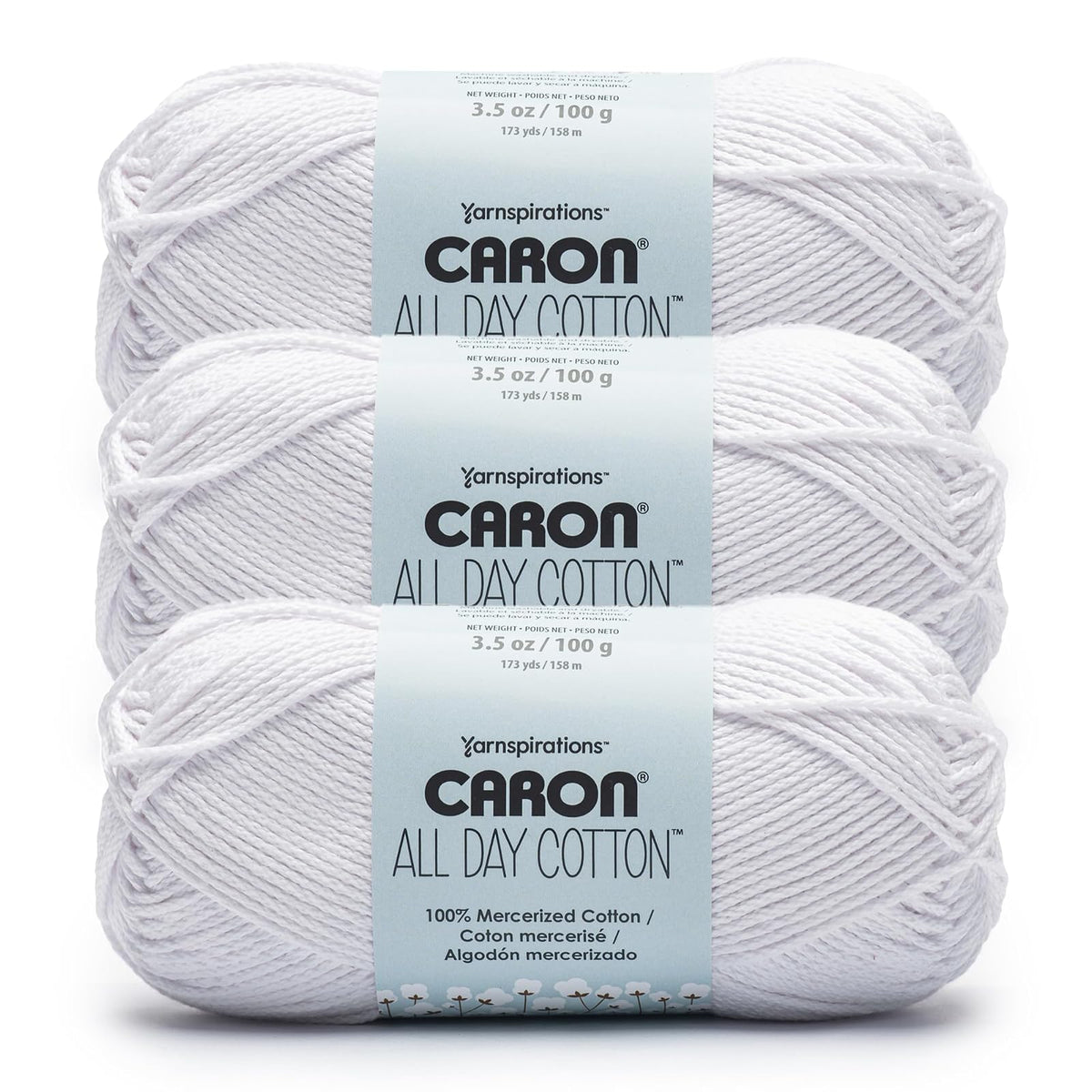 Caron All Day Cotton - Paquete de 3 unidades de 173 yardas/3.5 onzas, camisa blanca, 100% algodón mercerizado