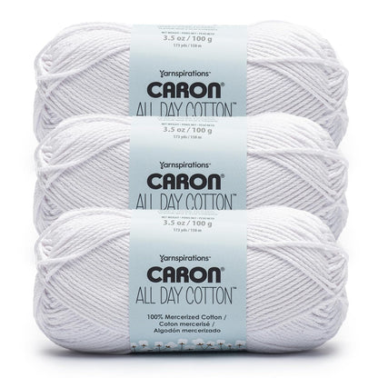Caron All Day Cotton - Paquete de 3 unidades de 173 yardas/3.5 onzas, camisa blanca, 100% algodón mercerizado