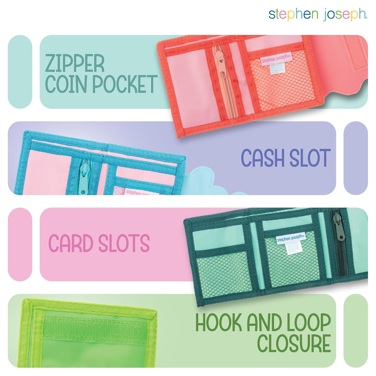 Stephen Joseph, portafolios unisex para niños, portafolios para niños y niñas con diseños de apliques, portafolios serigrafiada con bolsillo para monedas con cierre, Espacio azul oscuro, Una talla,