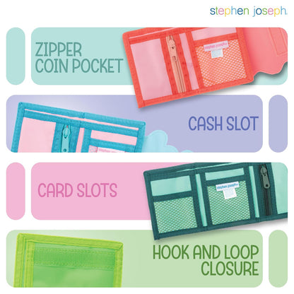 Stephen Joseph, portafolios unisex para niños, portafolios para niños y niñas con diseños de apliques, portafolios serigrafiada con bolsillo para monedas con cierre, Espacio azul oscuro, Una talla,