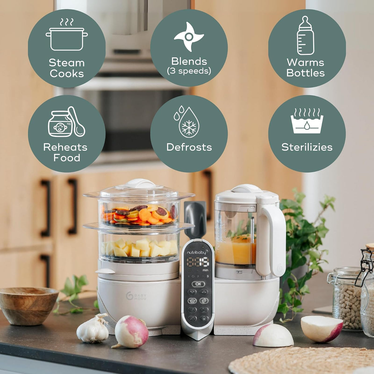 Babymoov Duo Meal Station Procesador de Alimentos para Bebé 6 en 1, Vaporera Licuadora para Papillas Caseras, Calientabiberón, Descongela, Esteriliza, Beige Mineral